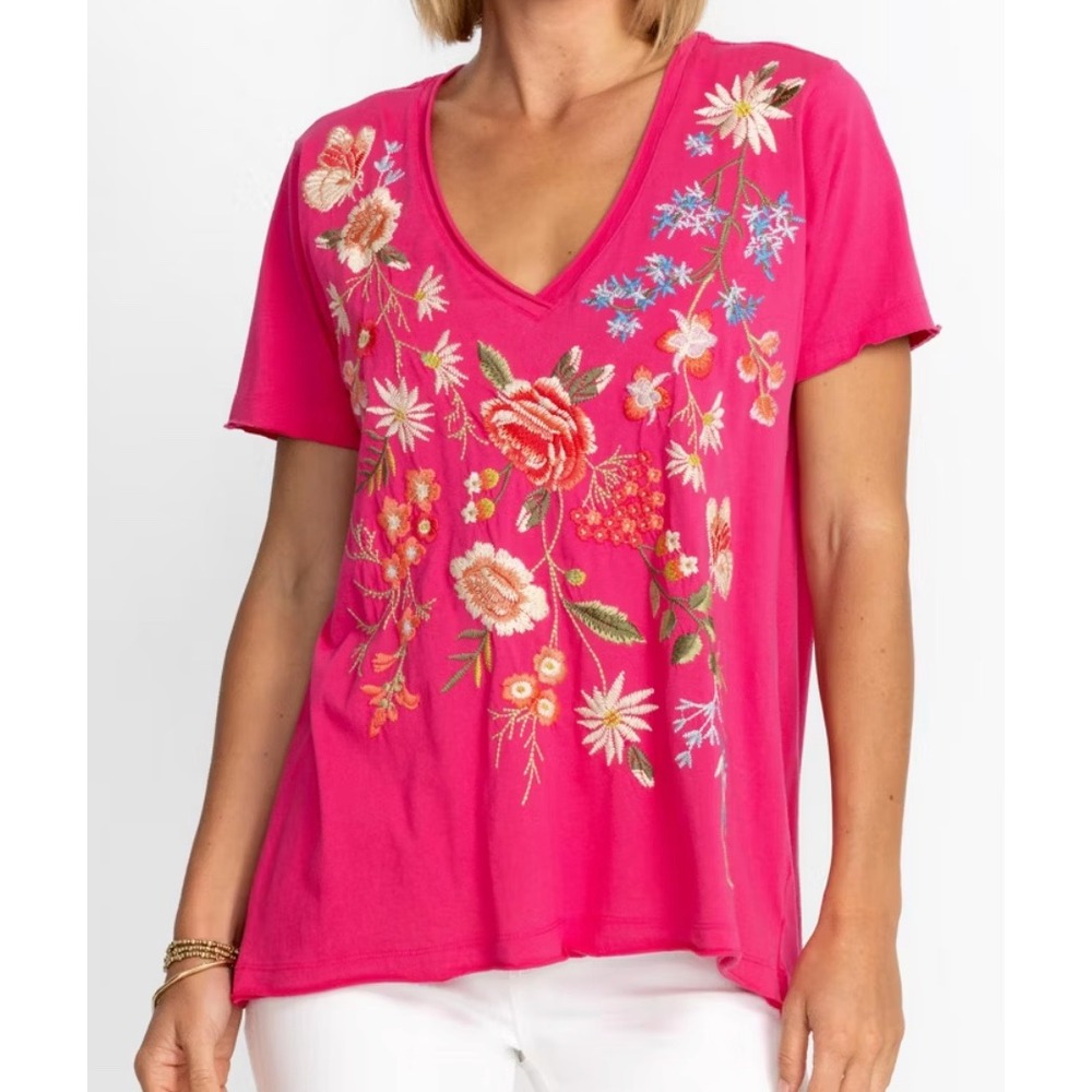 Johnny Was Catalina Everyday Tee Womens 2X Rose Violet Boho Embroidered Floral